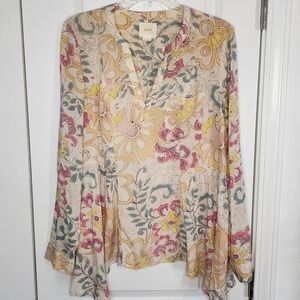Maeve Anthropologie Floral Peplum Blouse Long Sleeve Split Neck Multi Color 8